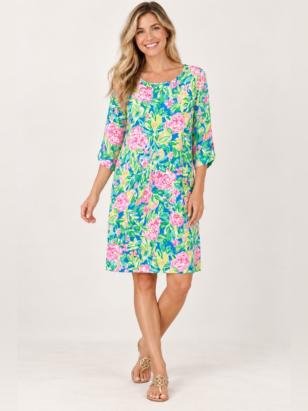 Lilly Pulitzer 3/4 Sleeve Dress - Blue, Pink, and Green